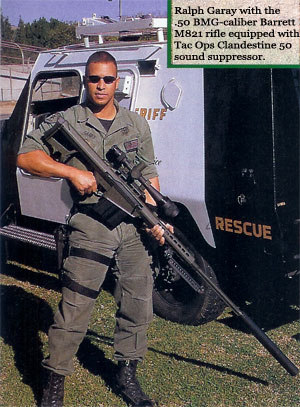 Ralph Garay with the .50 BMG-caliber Barrett M821 rifle equipped with Tac Ops Clandestine 50 sound suppressor