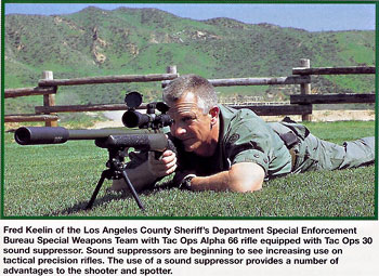 Fred Keelin of the Los Angeles County Sheriff's Dept. Special Enforcement Bureau Special Weapons Team with Tac Ops Alpha 66 rifle equipped with Tac Ops 30 sound suppressor.